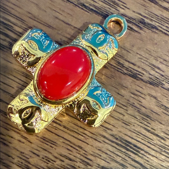 CHANEL Gold and Red Cross Necklace Pendant - Picture 3 of 5